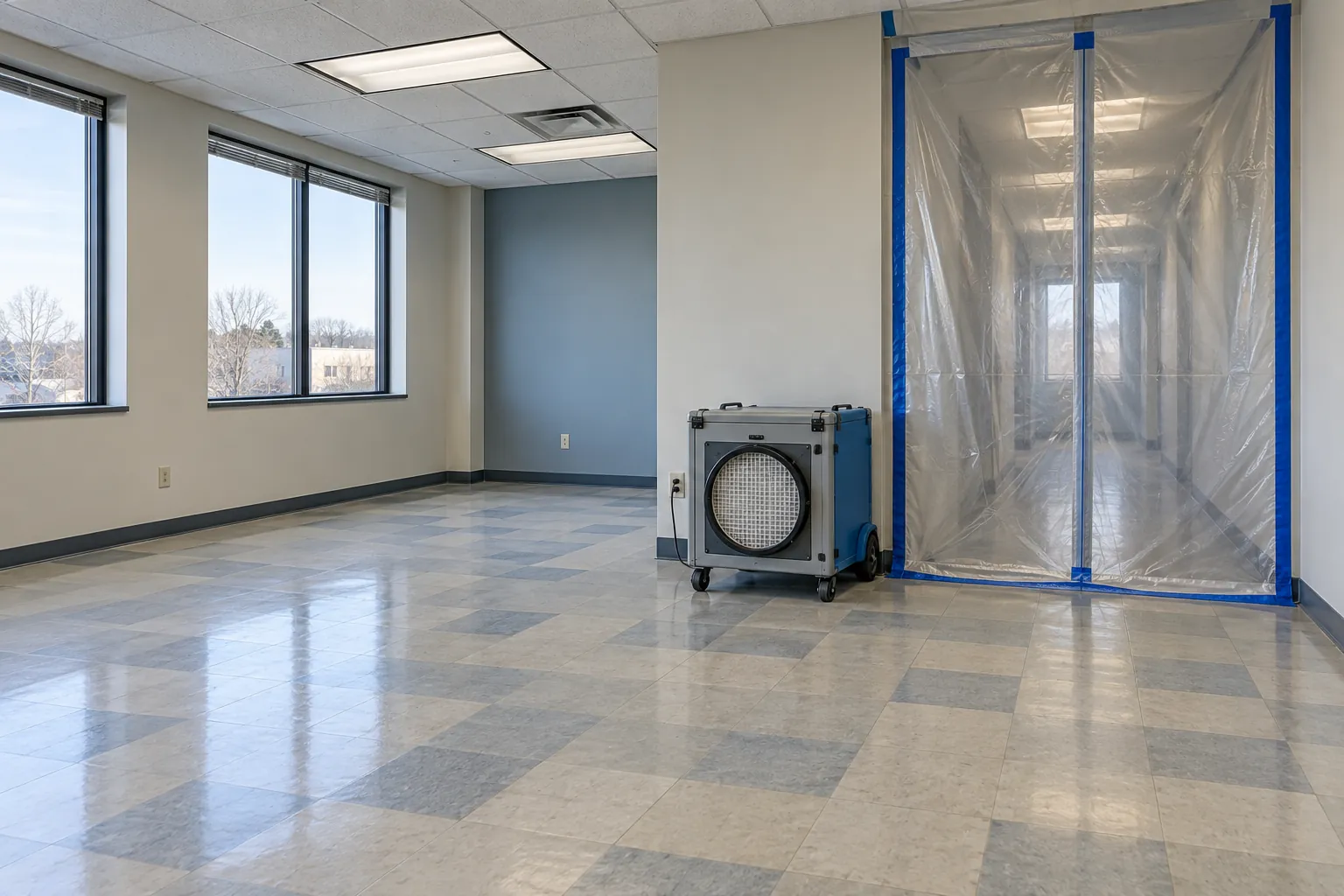 Empty office floor with old vinyl floor tile in a checkered pattern, an air scrubber unit and a plastic-sheeted containment doorway with blue tape, large windows